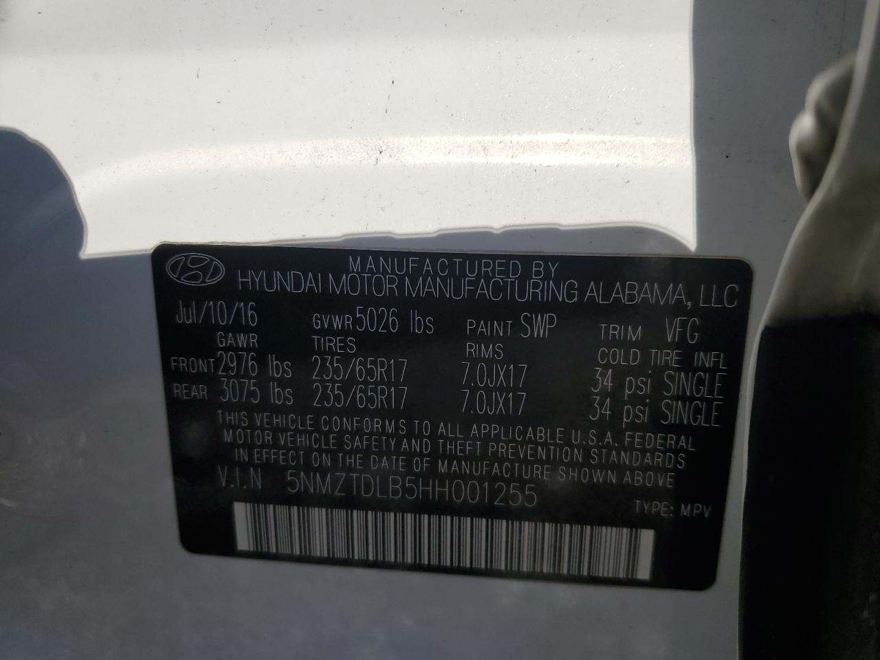 2017 Hyundai Santa Fe VIN 5NMZTDLB5HH001255 Copart auction photo, front end damage thumbnail 13