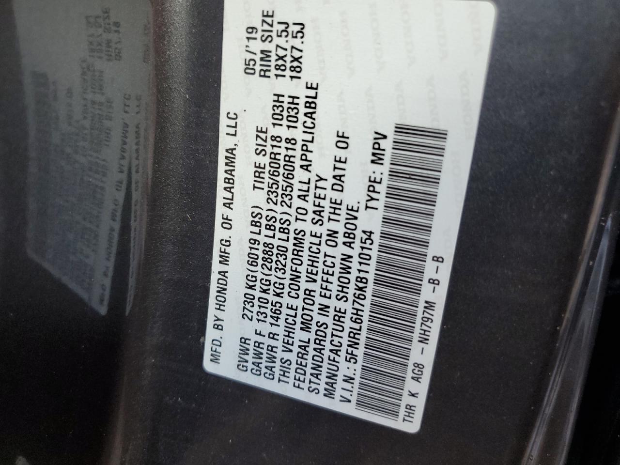2019 Honda Odyssey VIN 5FNRL6H76KB110154 Copart auction photo, water/flood damage thumbnail 13