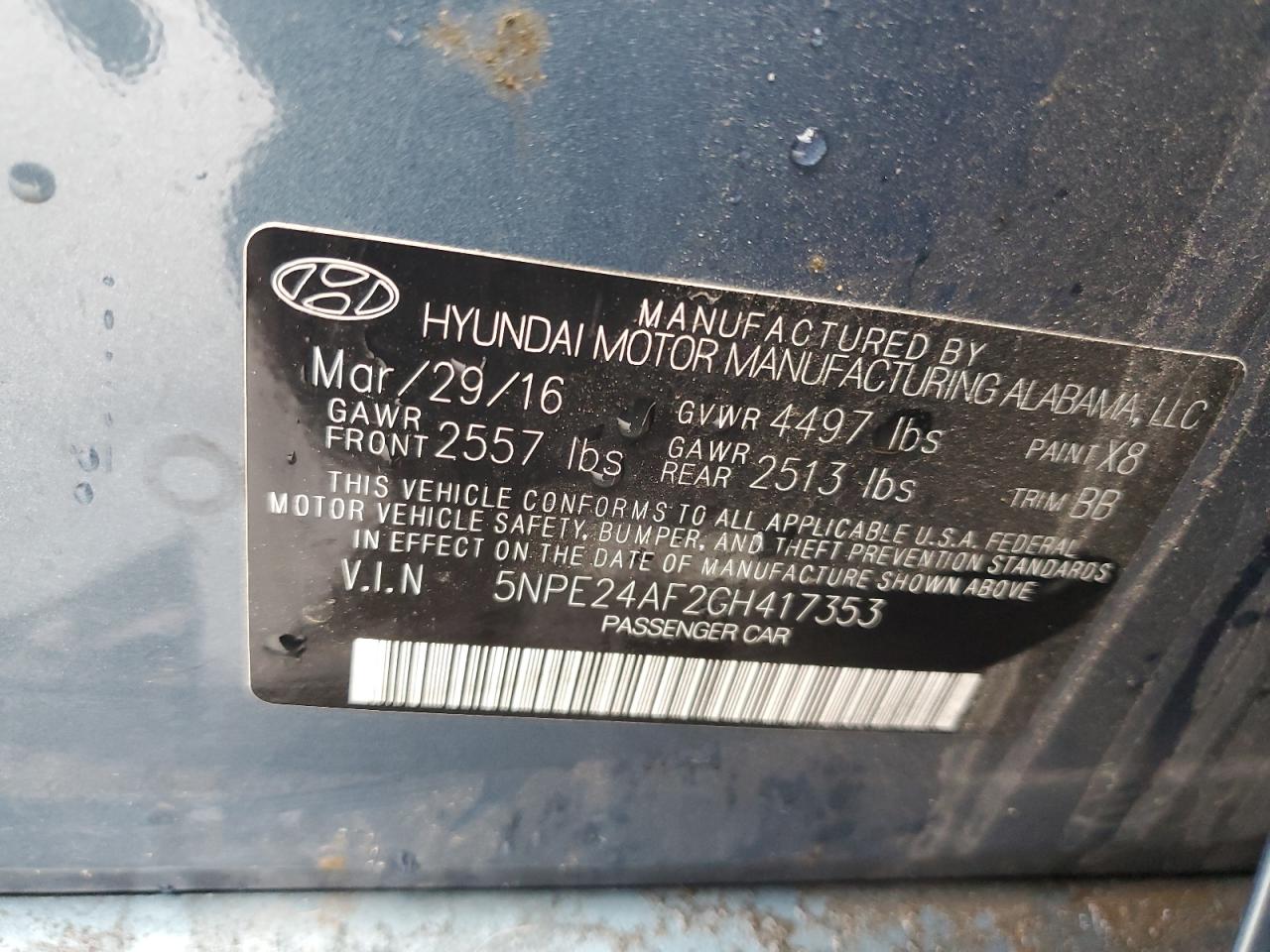 2016 Hyundai Sonata VIN 5NPE24AF2GH417353 Copart auction photo, mechanical damage thumbnail 12