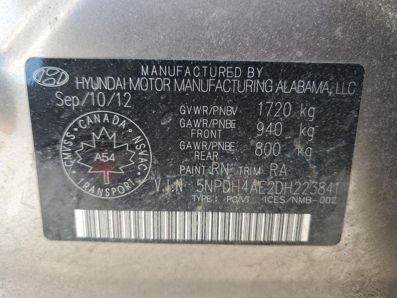 2013 Hyundai Elantra VIN 5NPDH4AE2DH223841 Copart auction photo, front end / side damage thumbnail 12