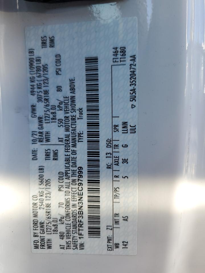 2022 Ford F350 VIN 1FTRF3BN3NEC97999 Copart auction photo, rear end damage thumbnail 10