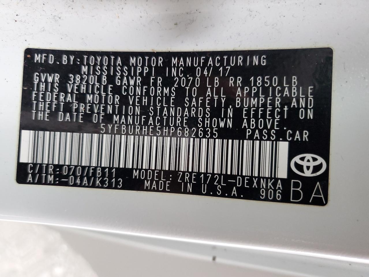 2017 Toyota Corolla VIN 5YFBURHE5HP682635 Copart auction photo, all over damage thumbnail 12