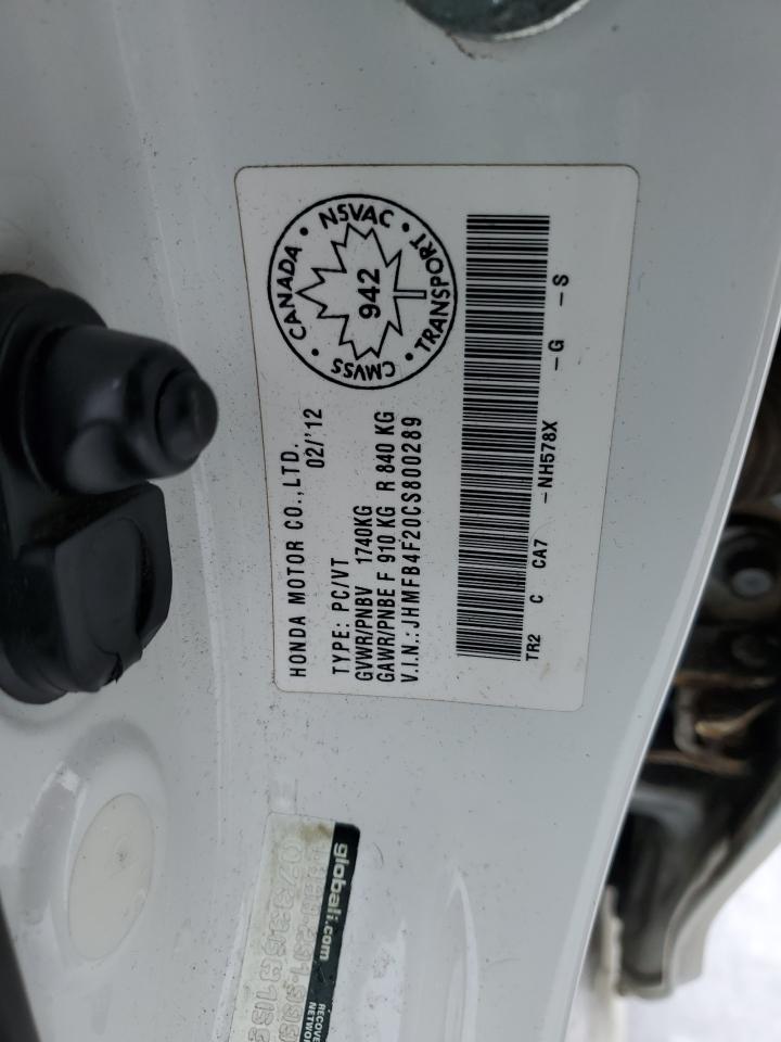 2012 Honda Civic VIN JHMFB4F20CS800289 Copart auction photo, front end / stripped damage thumbnail 13