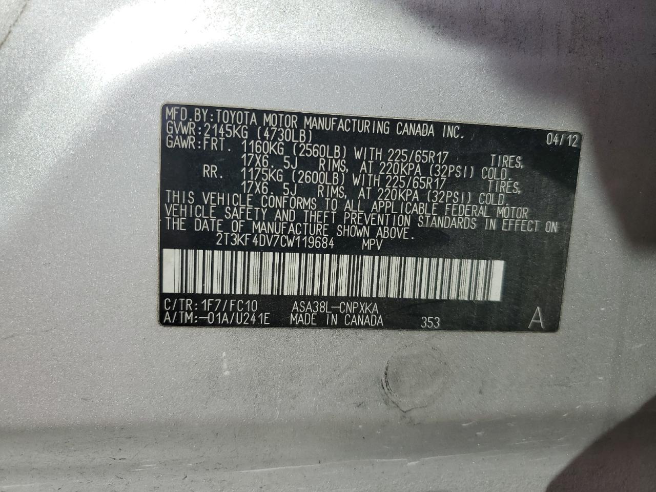 2012 Toyota RAV 4 VIN 2T3KF4DV7CW119684 Copart auction photo, rear end damage thumbnail 14
