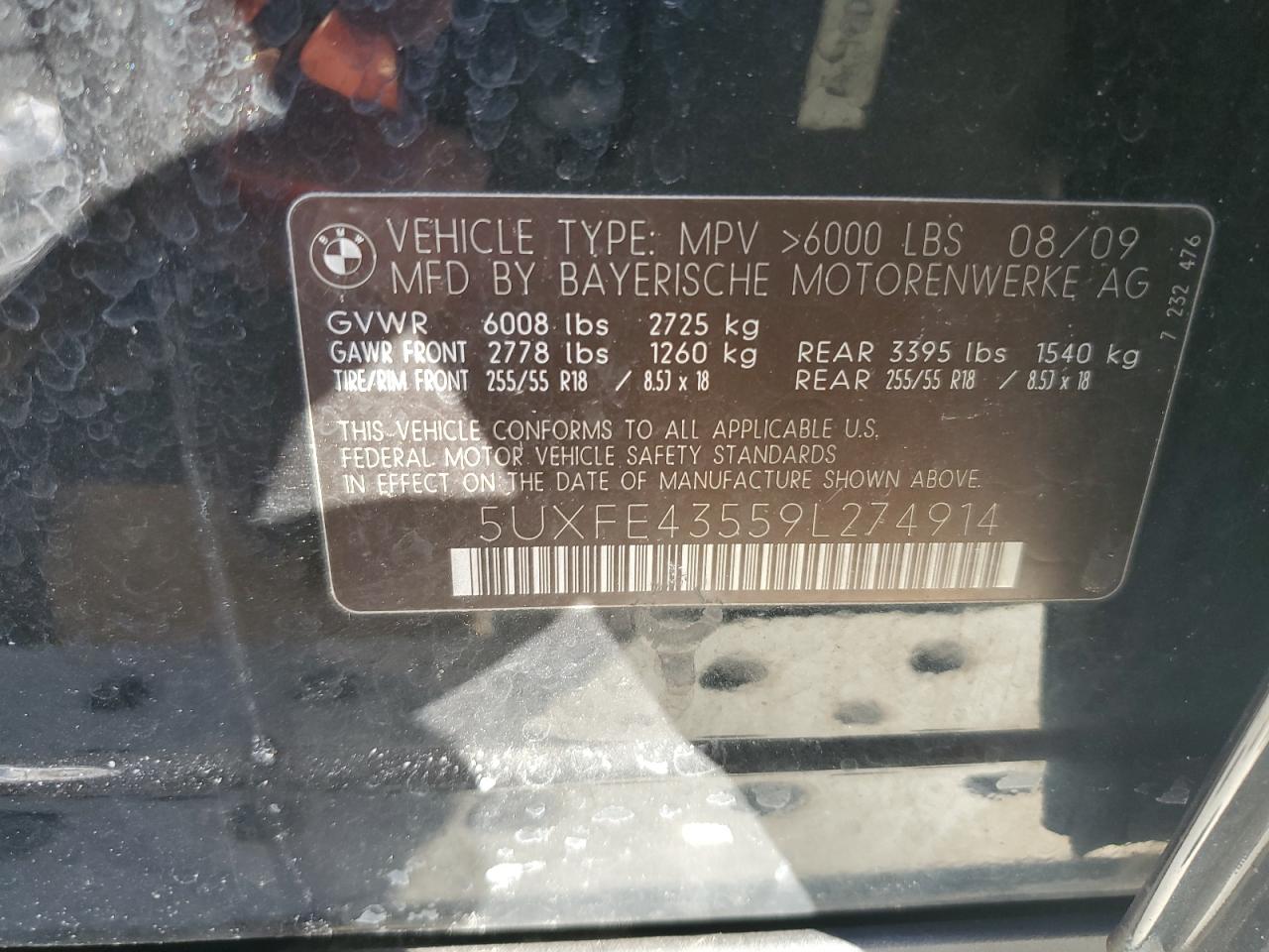 2009 BMW X5 VIN 5UXFE43559L274914 Copart auction photo, front end damage thumbnail 13