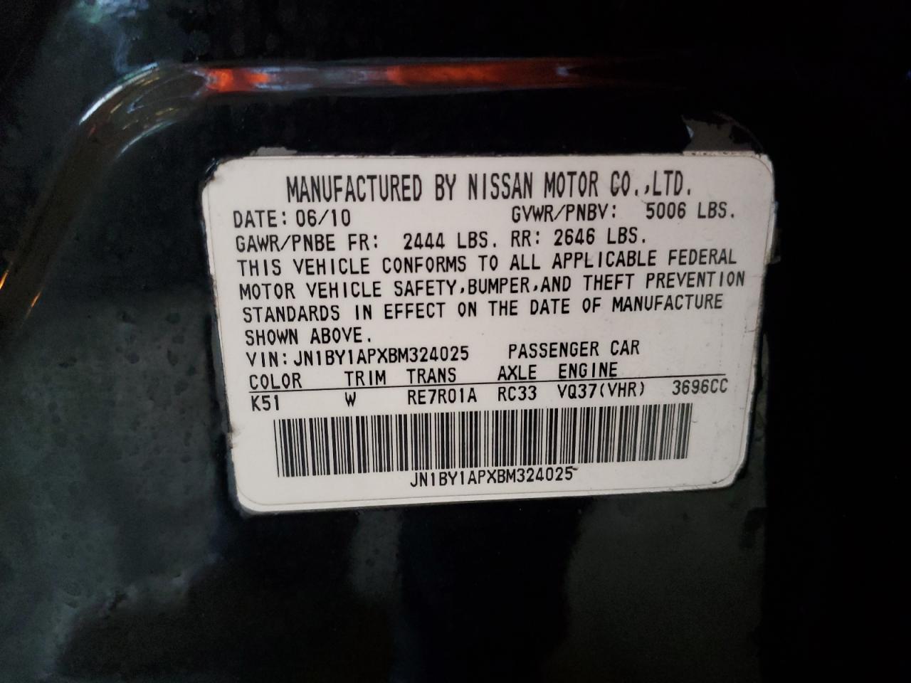 2011 Infiniti M VIN JN1BY1APXBM324025 Copart auction photo, front end / rear end damage thumbnail 12