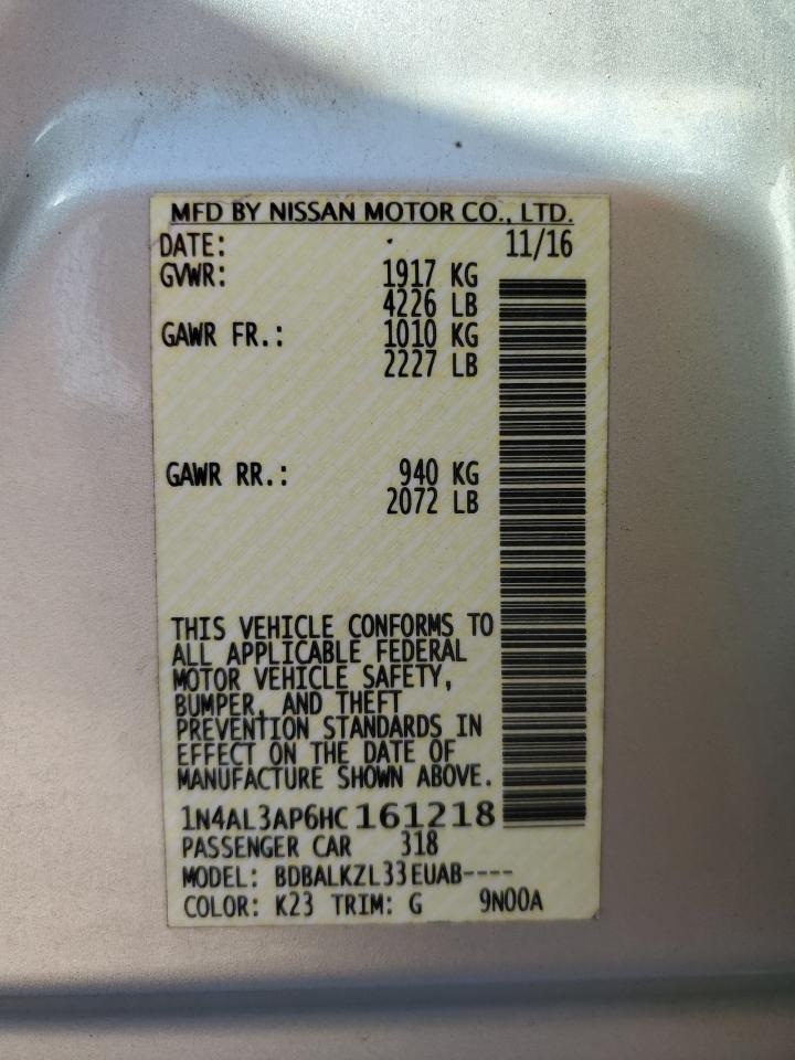 2017 Nissan Altima VIN 1N4AL3AP6HC161218 Copart auction photo, front end / side damage thumbnail 14