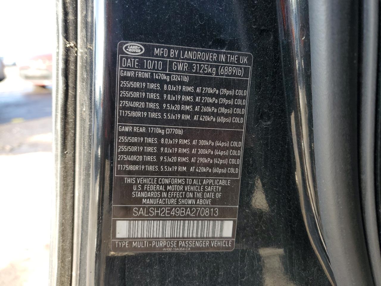 2011 Land Rover Range Rover VIN SALSH2E49BA270813 Copart auction photo, front end damage thumbnail 13