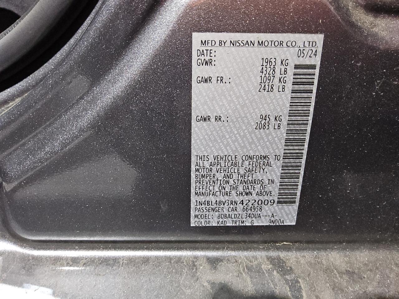 2024 Nissan Altima VIN 1N4BL4BV3RN422009 Copart auction photo, rear end / side damage thumbnail 13