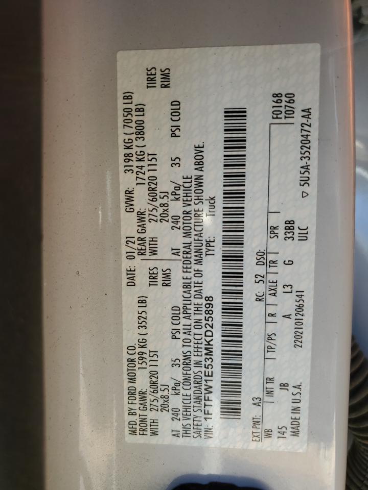 2021 Ford F-150 VIN 1FTFW1E53MKD25898 Copart auction photo, vandalism / burn - interior damage thumbnail 13