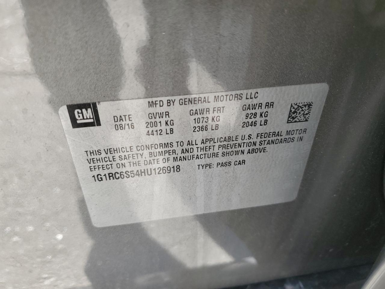 2017 Chevrolet Volt VIN 1G1RC6S54HU126918 Copart auction photo, rear end damage thumbnail 12