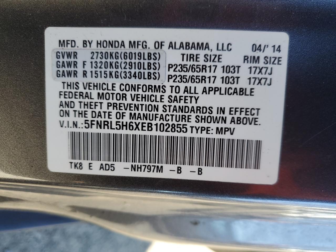 2014 Honda Odyssey VIN 5FNRL5H6XEB102855 Copart auction photo, front end / minor dent/scratches damage thumbnail 16