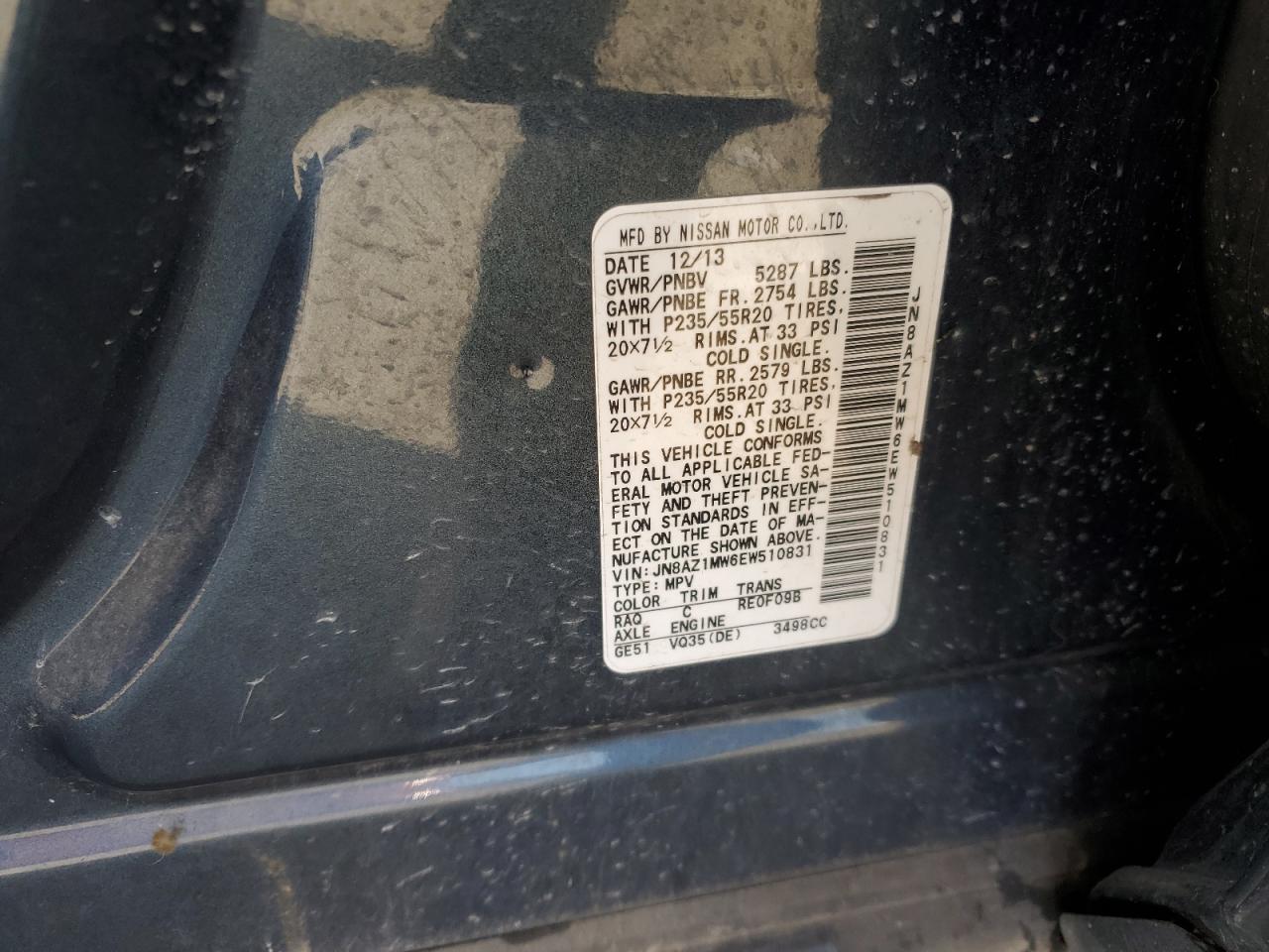 2014 Nissan Murano VIN JN8AZ1MW6EW510831 Copart auction photo, front end damage thumbnail 14