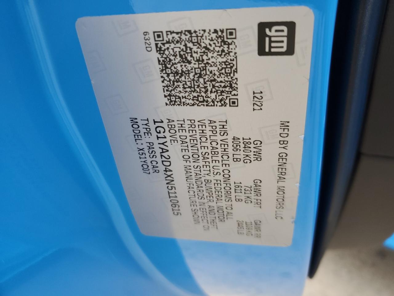 2022 Chevrolet Corvette VIN 1G1YA2D4XN5110615 Copart auction photo, front end damage thumbnail 12