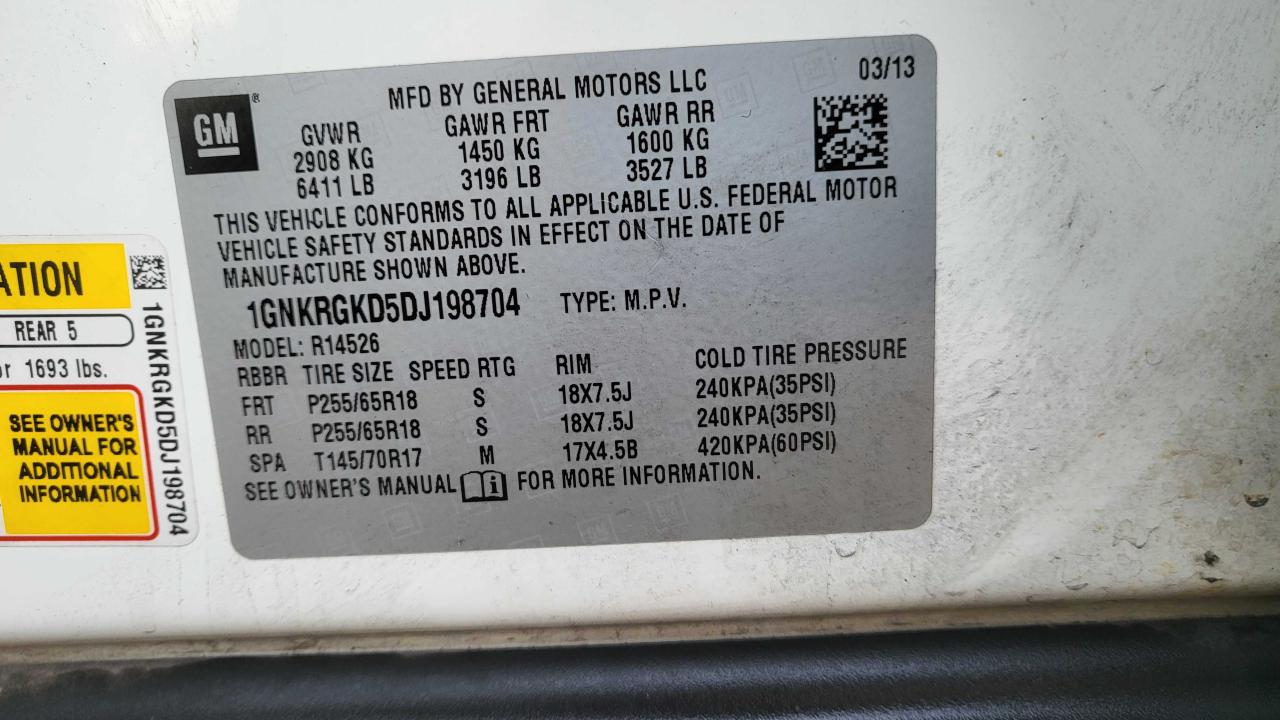 2013 Chevrolet Traverse VIN 1GNKRGKD5DJ198704 Copart auction photo, minor dent/scratches / normal wear damage thumbnail 10