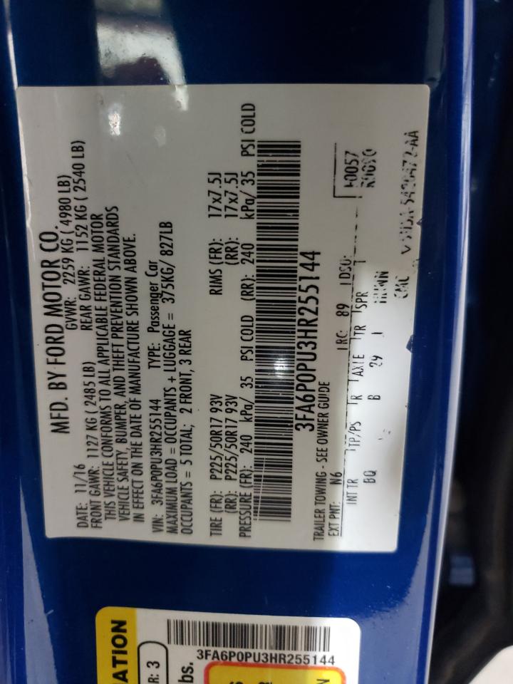 2017 Ford Fusion VIN 3FA6P0PU3HR255144 Copart auction photo, front end damage thumbnail 13