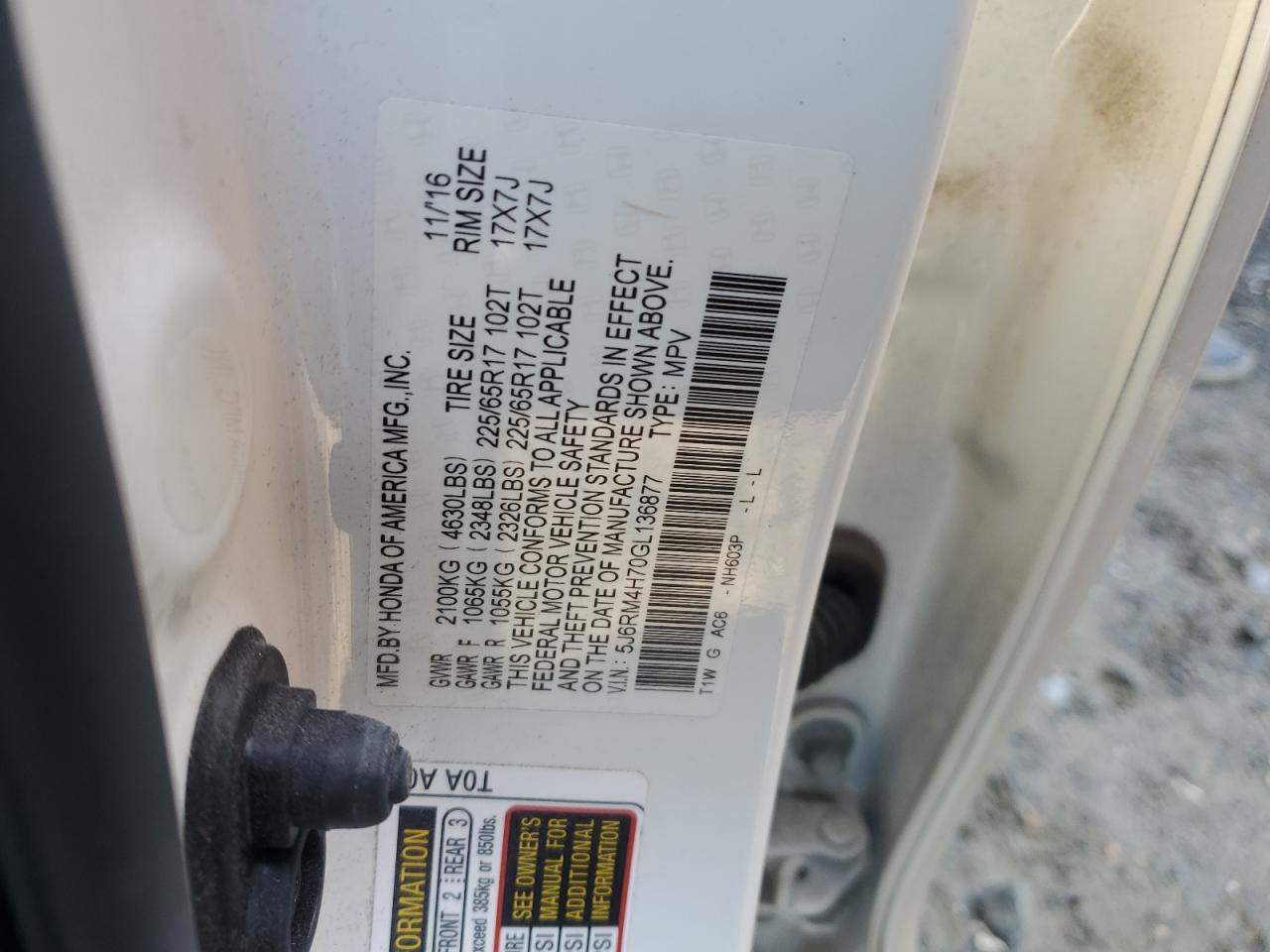 2016 Honda CR-V VIN 5J6RM4H70GL136877 Copart auction photo, front end damage thumbnail 14