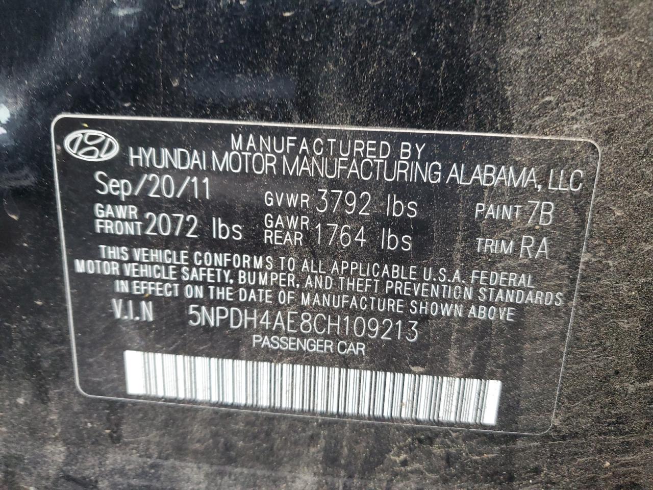 2012 Hyundai Elantra VIN 5NPDH4AE8CH109213 Copart auction photo, vandalism damage thumbnail 12