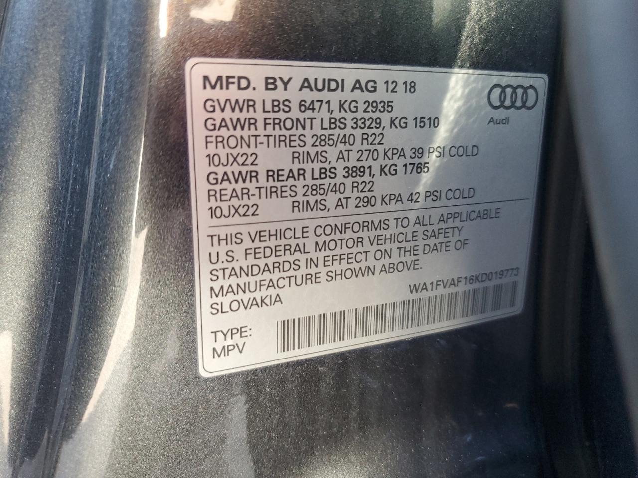 2019 Audi Q8 VIN WA1FVAF16KD019773 Copart auction photo, front end damage thumbnail 15