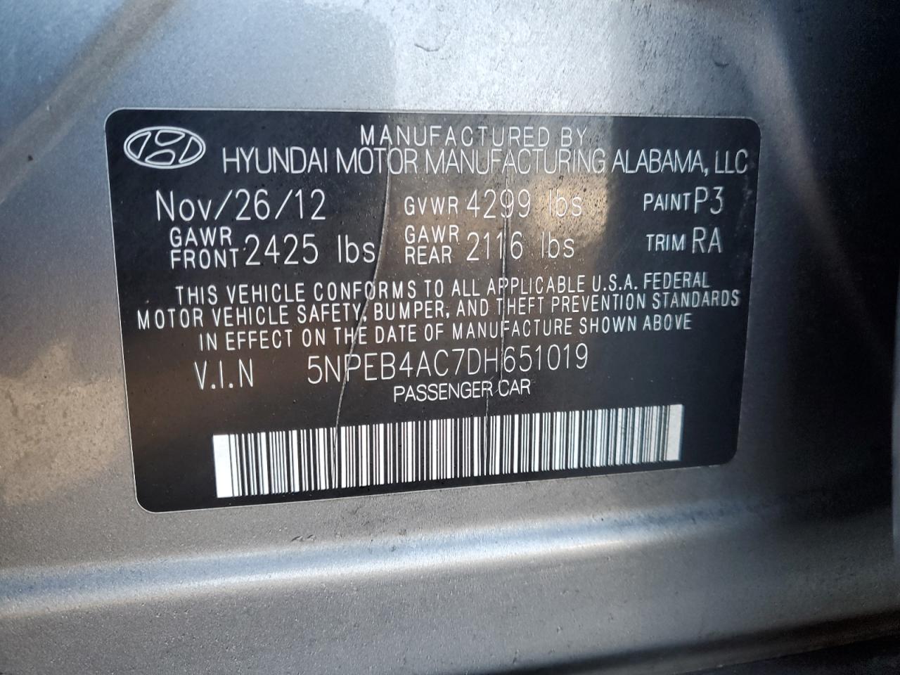 2013 Hyundai Sonata VIN 5NPEB4AC7DH651019 Copart auction photo, front end damage thumbnail 12
