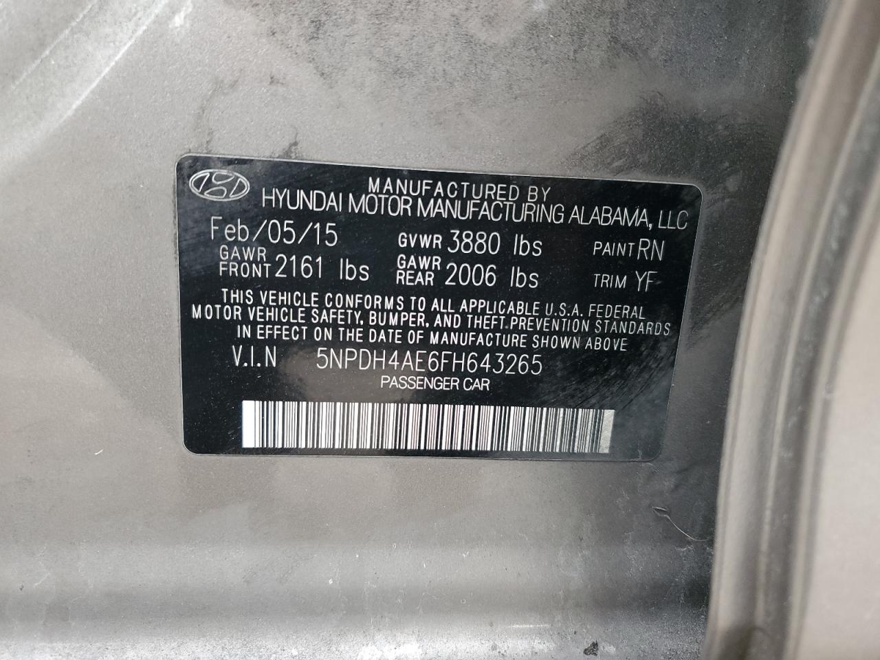 2015 Hyundai Elantra VIN 5NPDH4AE6FH643265 Copart auction photo, front end / side damage thumbnail 12