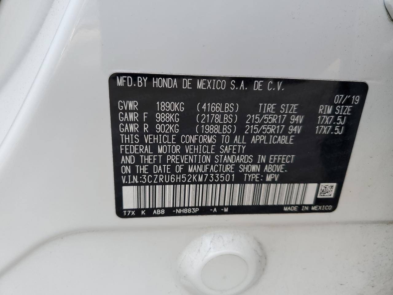 2019 Honda HR-V VIN 3CZRU6H52KM733501 Copart auction photo, front end damage thumbnail 13