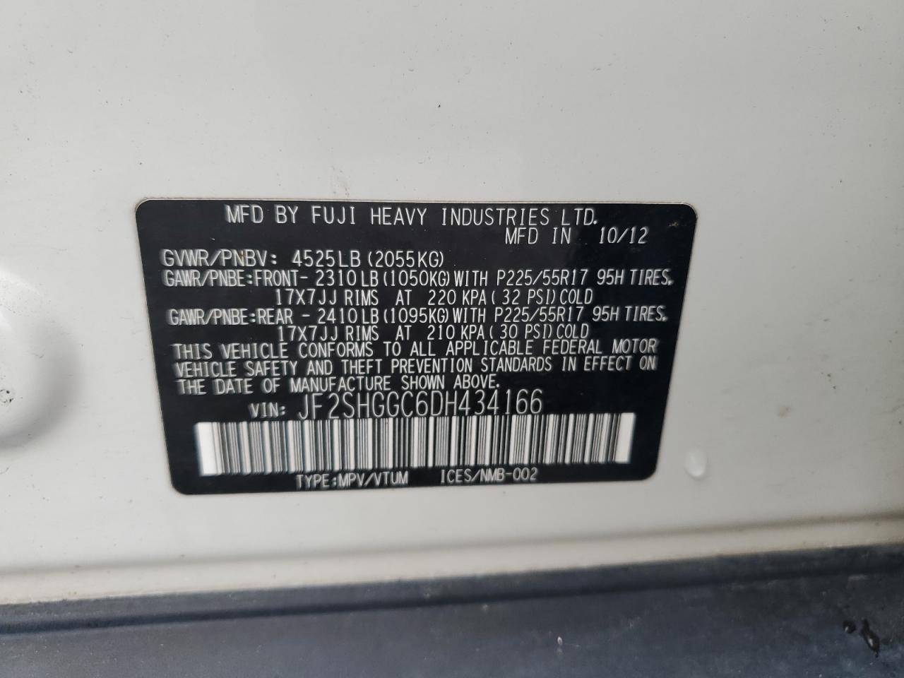 2013 Subaru Forester VIN JF2SHGGC6DH434166 Copart auction photo, rear end damage thumbnail 13