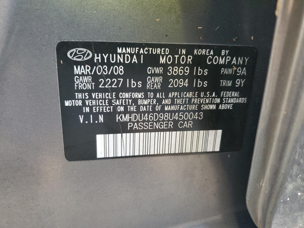2008 Hyundai Elantra VIN KMHDU46D98U450043 Copart auction photo, water/flood damage thumbnail 13