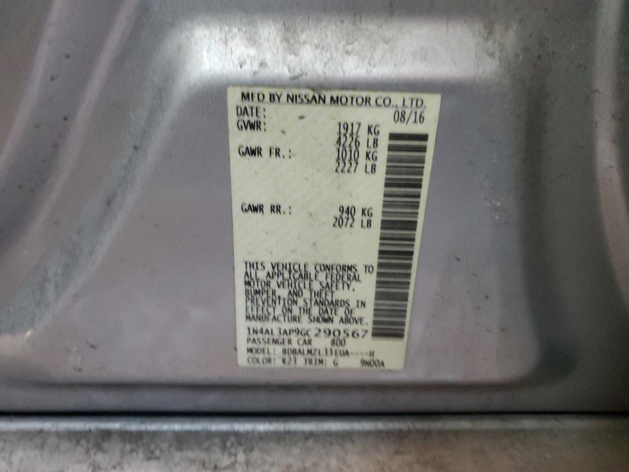 2016 Nissan Altima VIN 1N4AL3AP9GC290567 Copart auction photo, rear end damage thumbnail 13