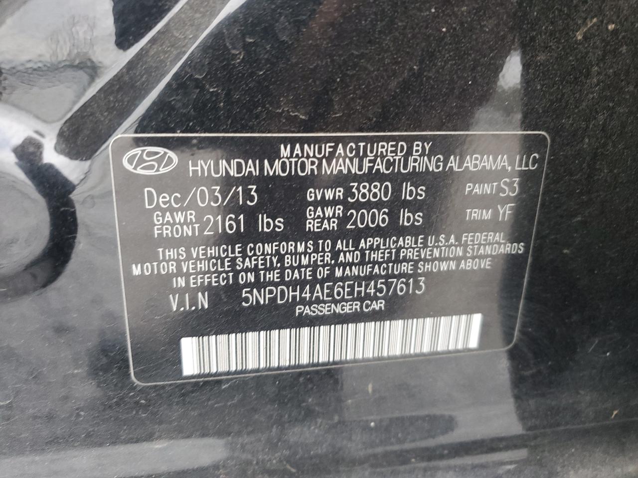 2014 Hyundai Elantra VIN 5NPDH4AE6EH457613 Copart auction photo, all over damage thumbnail 12