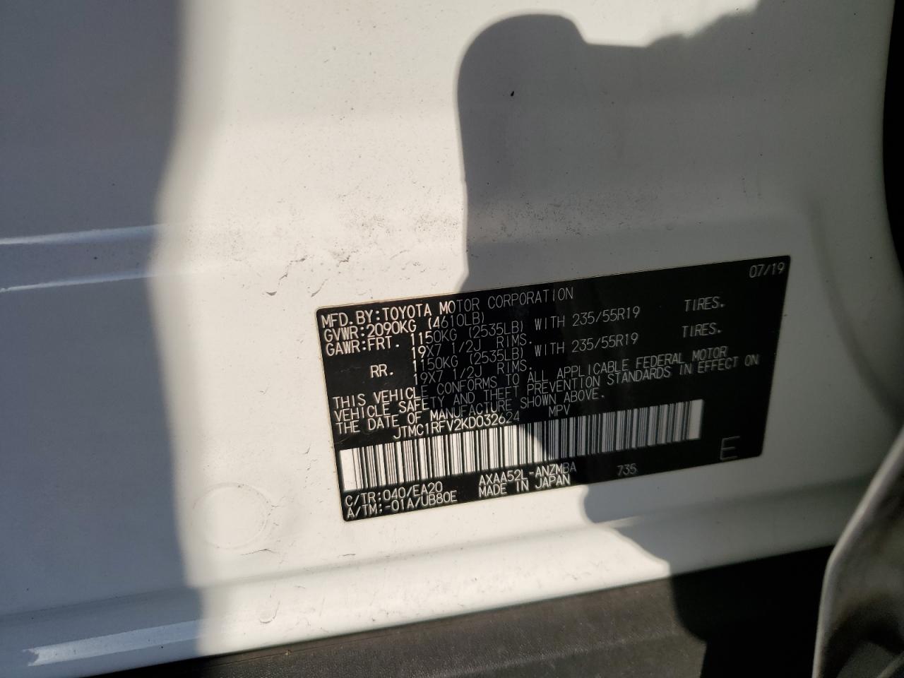 2019 Toyota RAV 4 VIN JTMC1RFV2KD032624 Copart auction photo, all over damage thumbnail 14