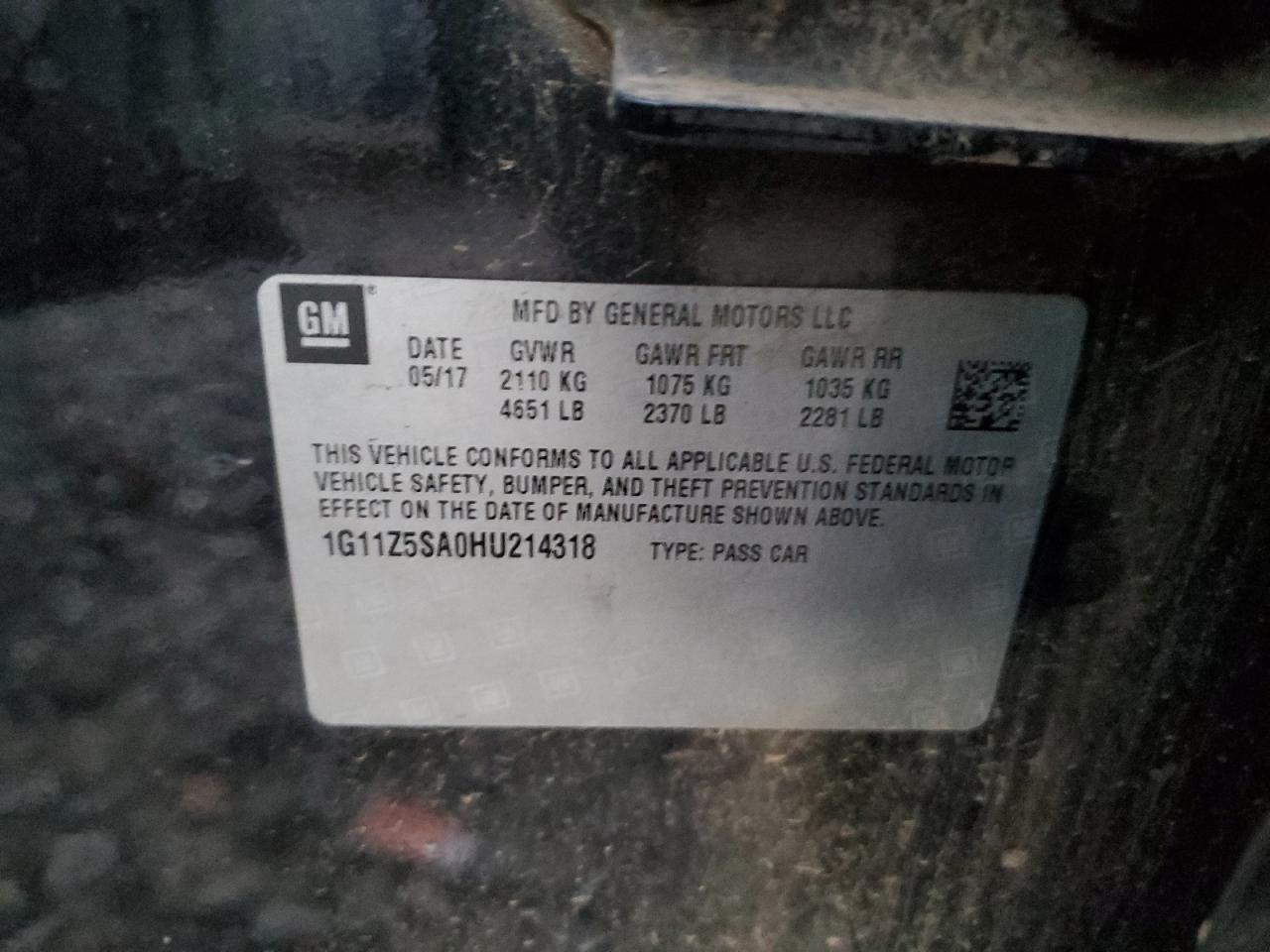 2017 Chevrolet Impala VIN 1G11Z5SA0HU214318 Copart auction photo, front end / side damage thumbnail 12