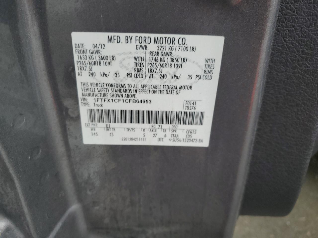 2012 Ford F-150 VIN 1FTFX1CF1CFB64953 Copart auction photo, minor dent/scratches damage thumbnail 12