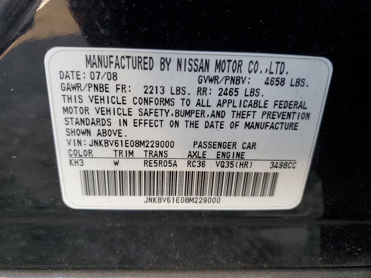 2008 Infiniti G VIN JNKBV61E08M229000 Copart auction photo, rear end / side damage thumbnail 12