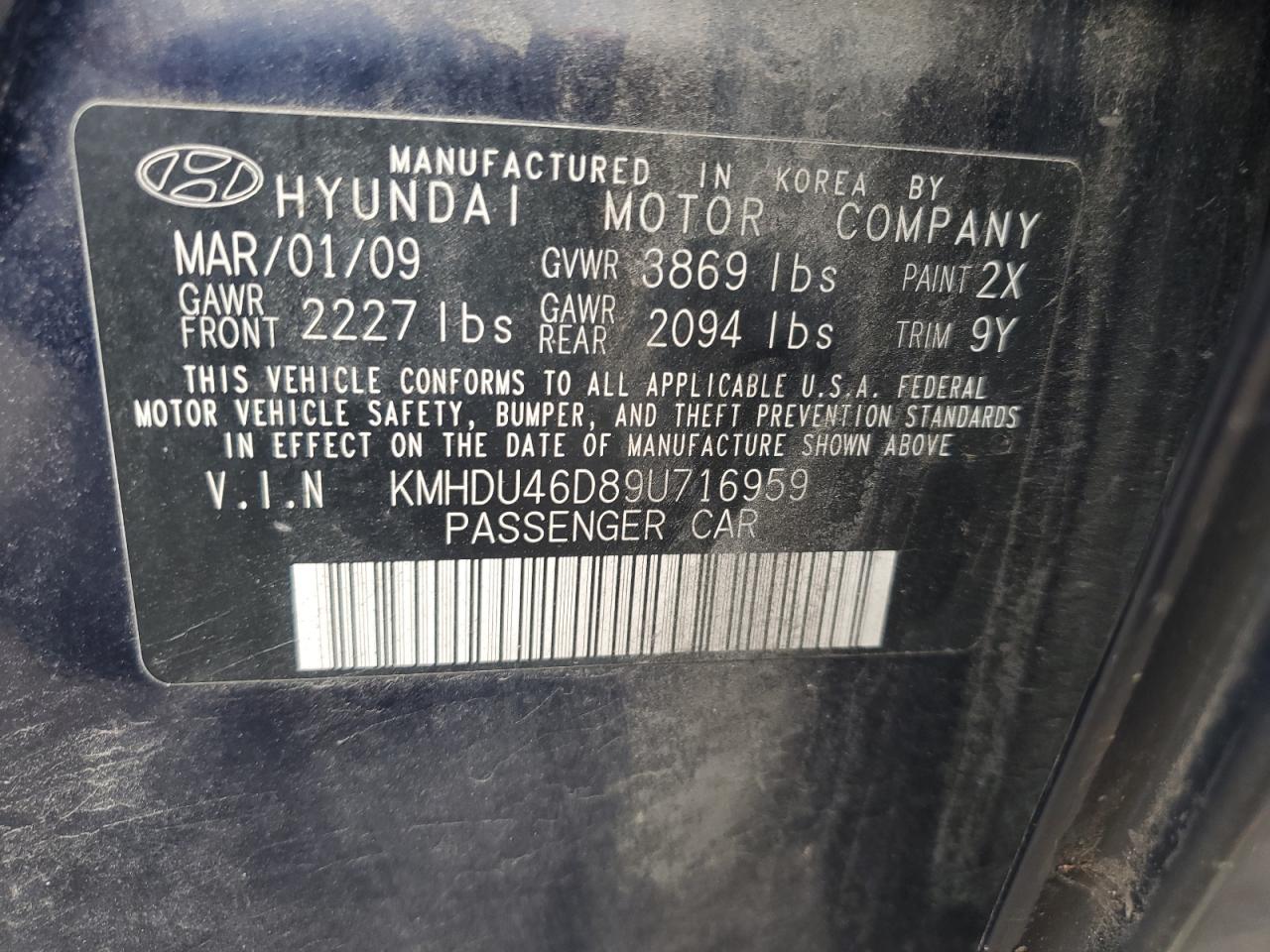 2009 Hyundai Elantra VIN KMHDU46D89U716959 Copart auction photo, front end / minor dent/scratches damage thumbnail 14