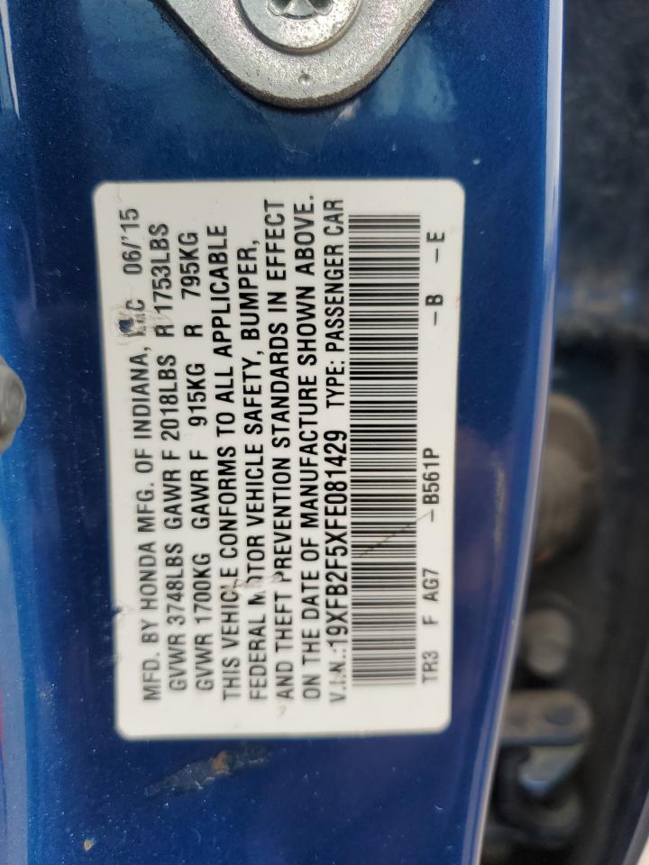 2015 Honda Civic VIN 19XFB2F5XFE081429 Copart auction photo, side damage thumbnail 12