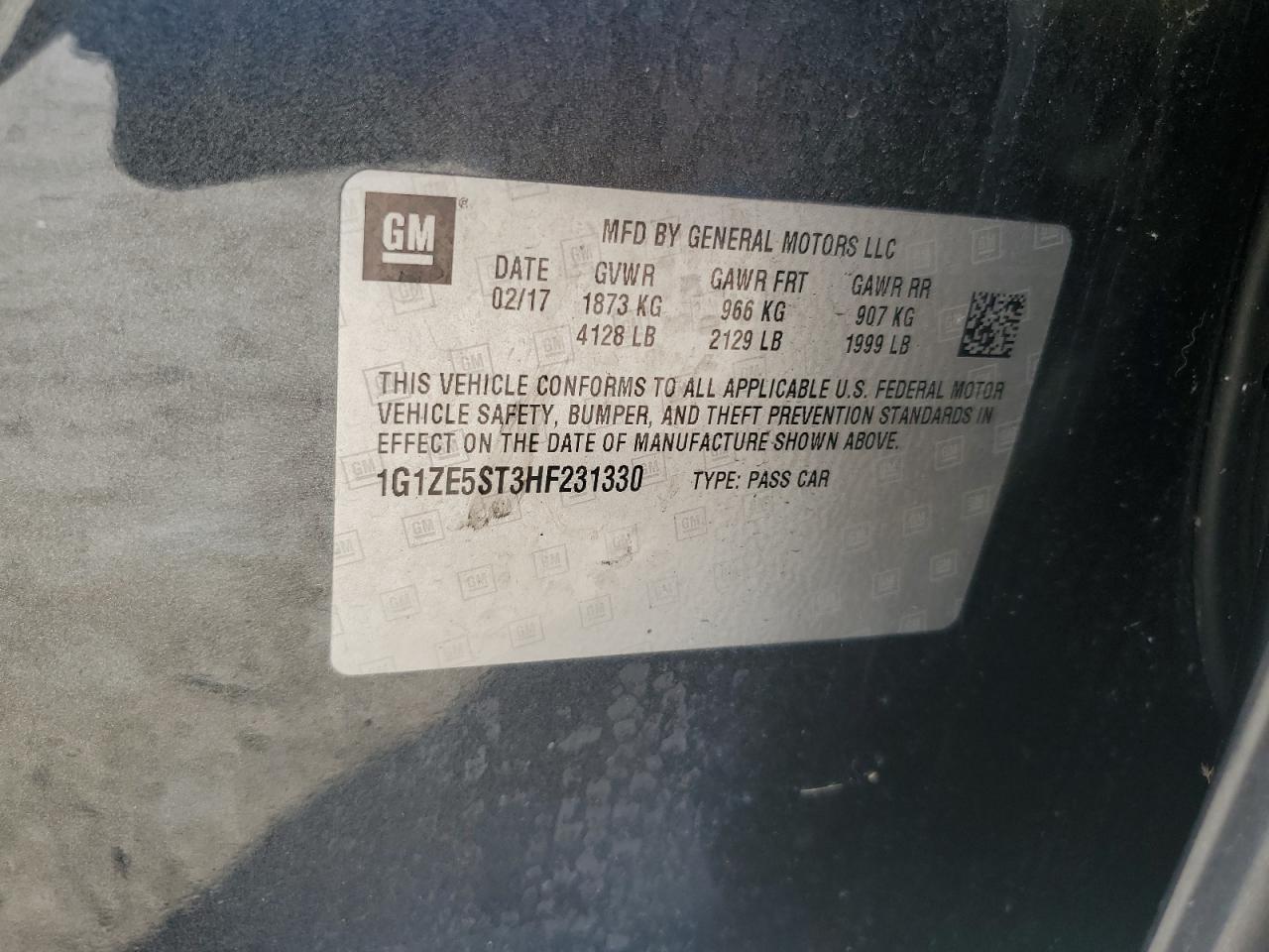 2017 Chevrolet Malibu VIN 1G1ZE5ST3HF231330 Copart auction photo, biohazard/chemical / minor dent/scratches damage thumbnail 12