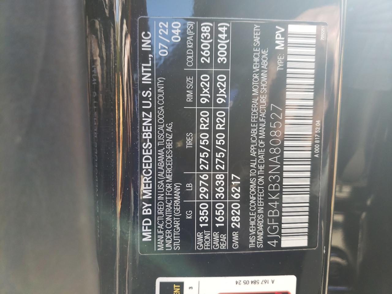 2022 Mercedes-Benz GLE VIN 4JGFB4KB3NA808527 Copart auction photo, minor dent/scratches / rear end damage thumbnail 13