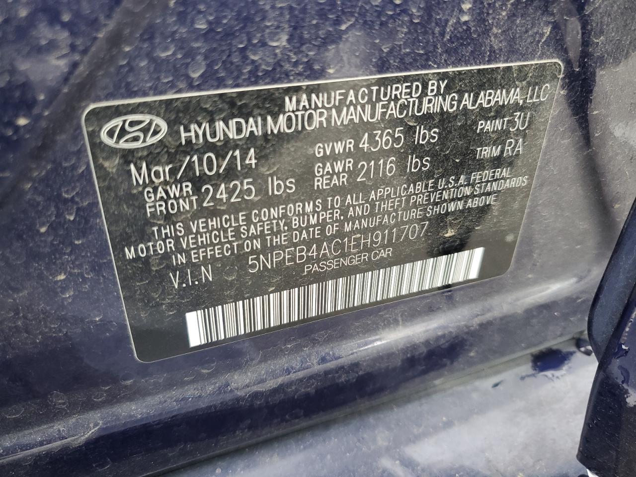 2014 Hyundai Sonata VIN 5NPEB4AC1EH911707 Copart auction photo, side / front end damage thumbnail 14