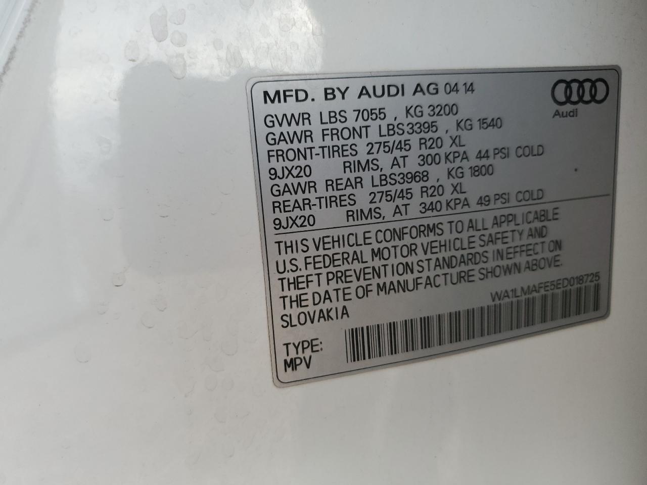 2014 Audi Q7 VIN WA1LMAFE5ED018725 Copart auction photo, front end / minor dent/scratches damage thumbnail 13