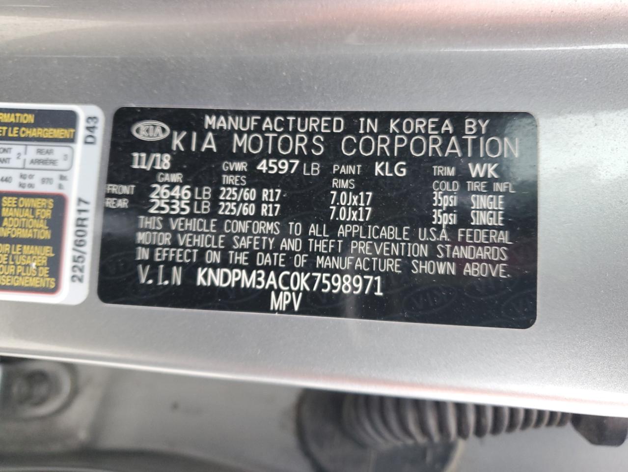 2019 KIA Sportage VIN KNDPM3AC0K7598971 Copart auction photo, rear end / front end damage thumbnail 15