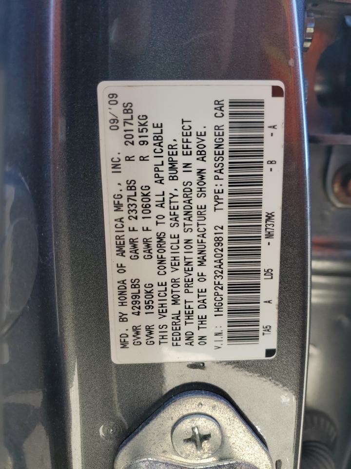 2010 Honda Accord VIN 1HGCP2F32AA029812 Copart auction photo, rear end / minor dent/scratches damage thumbnail 12