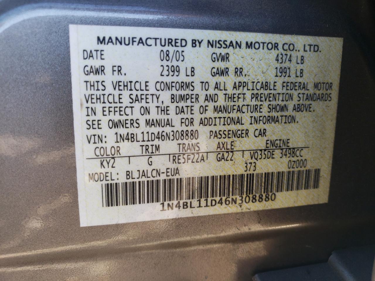 2006 Nissan Altima VIN 1N4BL11D46N308880 Copart auction photo, front end / side damage thumbnail 13