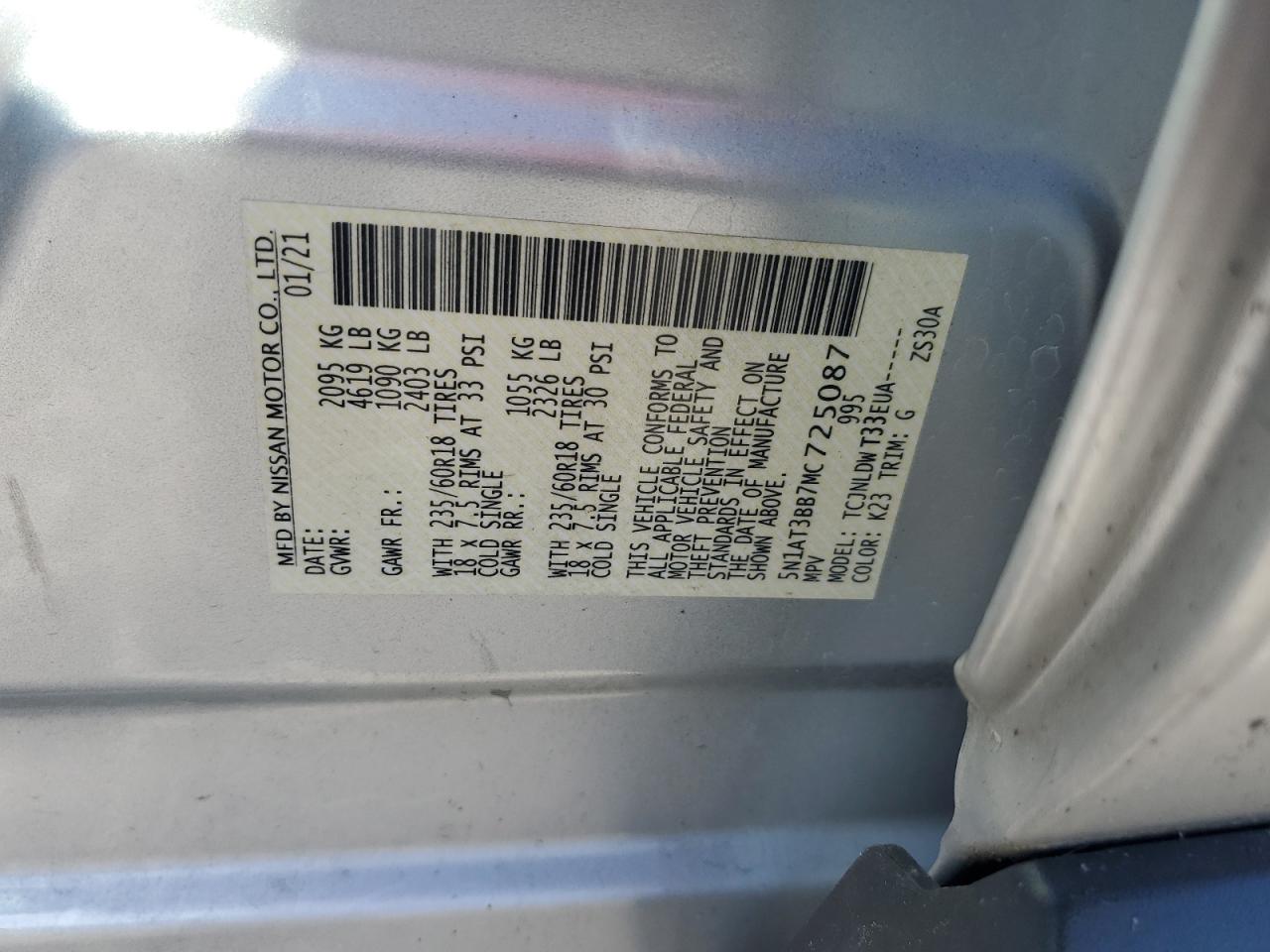 2021 Nissan Rogue VIN 5N1AT3BB7MC725087 Copart auction photo, all over damage thumbnail 14