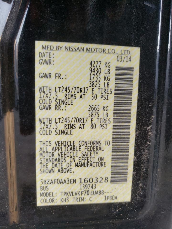 2014 Nissan NV VIN 5BZAF0AA3EN160328 Copart auction photo, water/flood damage thumbnail 14