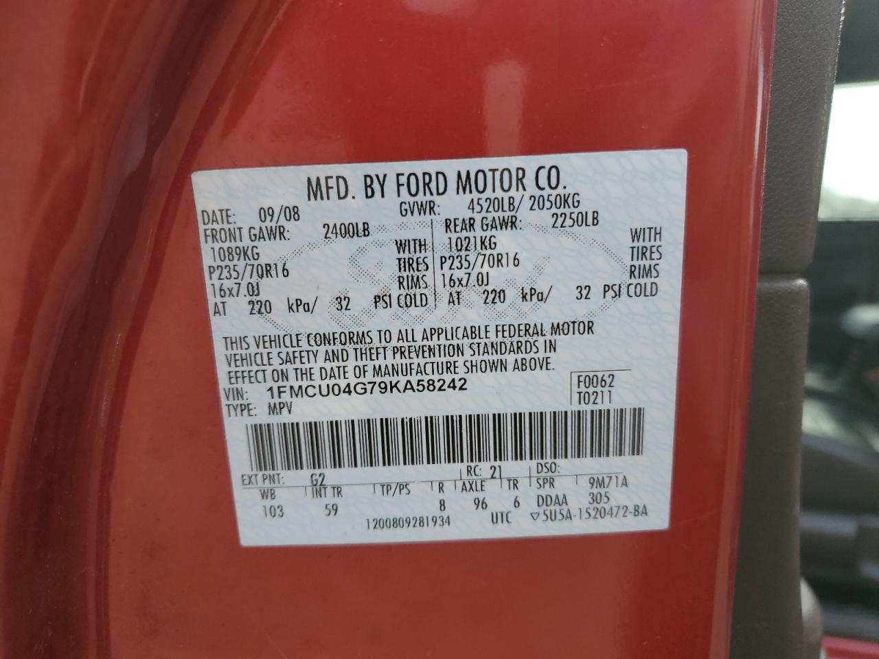 2009 Ford Escape VIN 1FMCU04G79KA58242 Copart auction photo, front end damage thumbnail 15