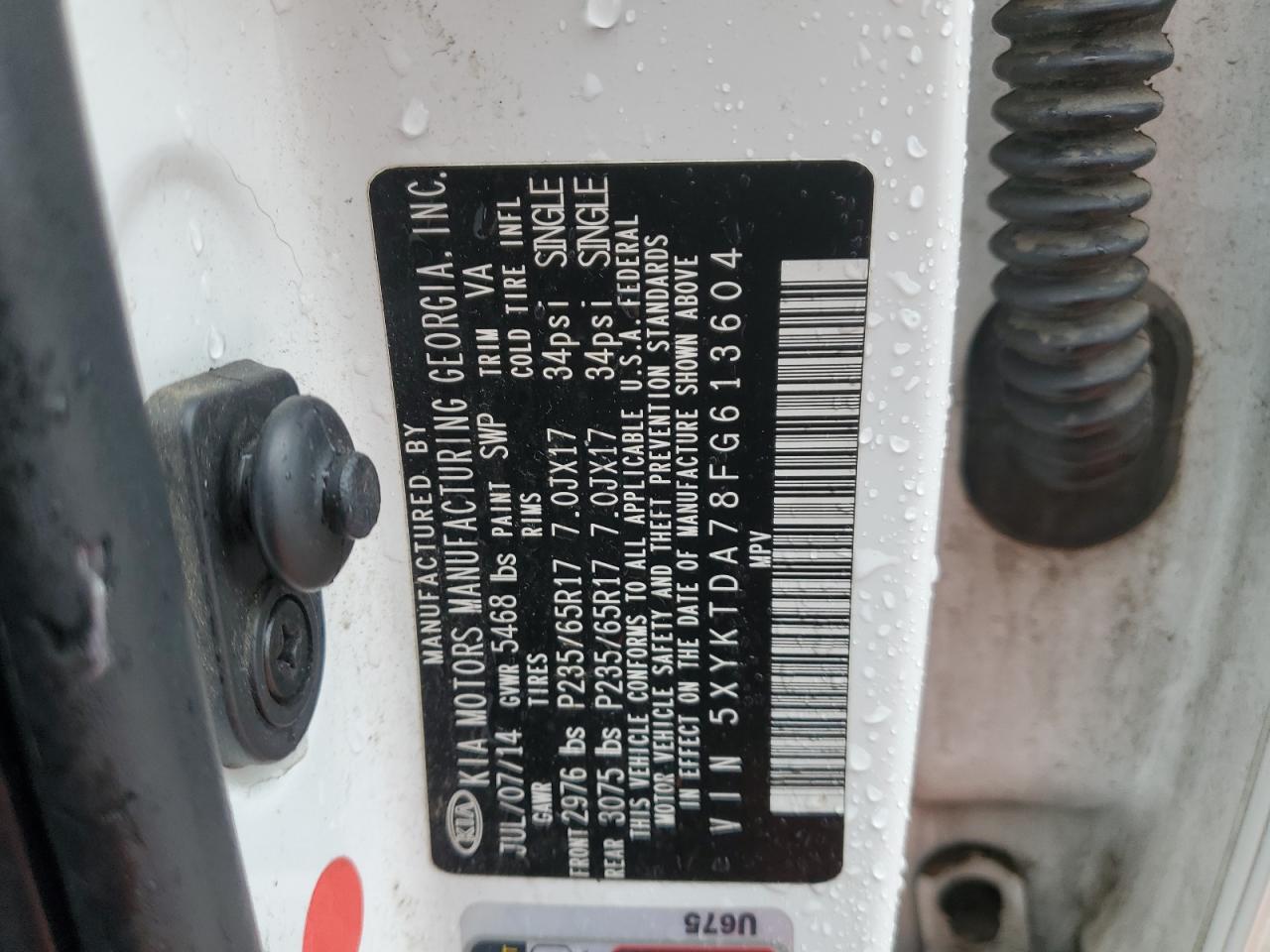 2015 KIA Sorento VIN 5XYKTDA78FG613604 Copart auction photo, vandalism damage thumbnail 12
