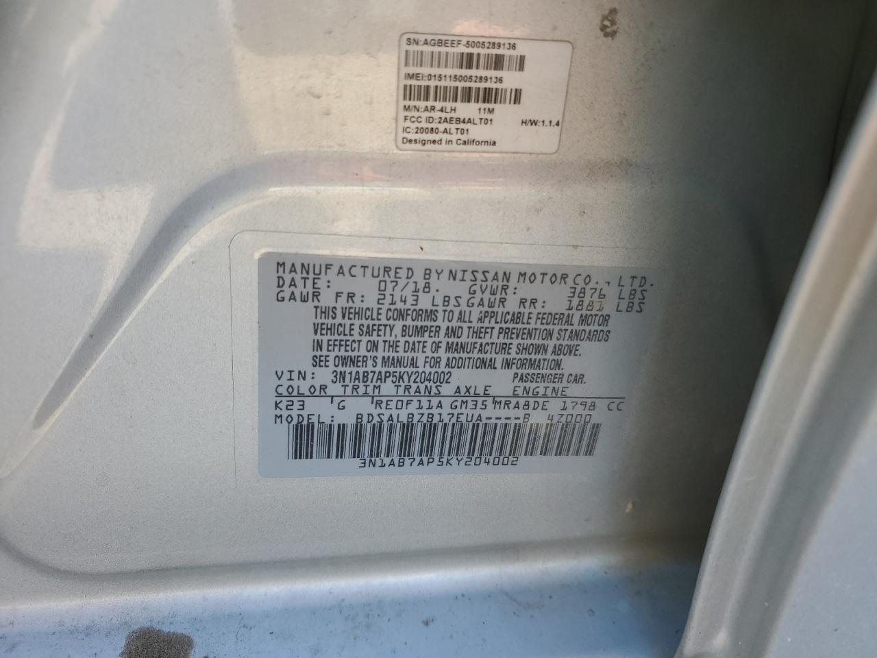 2019 Nissan Sentra VIN 3N1AB7AP5KY204002 Copart auction photo, front end / side damage thumbnail 15