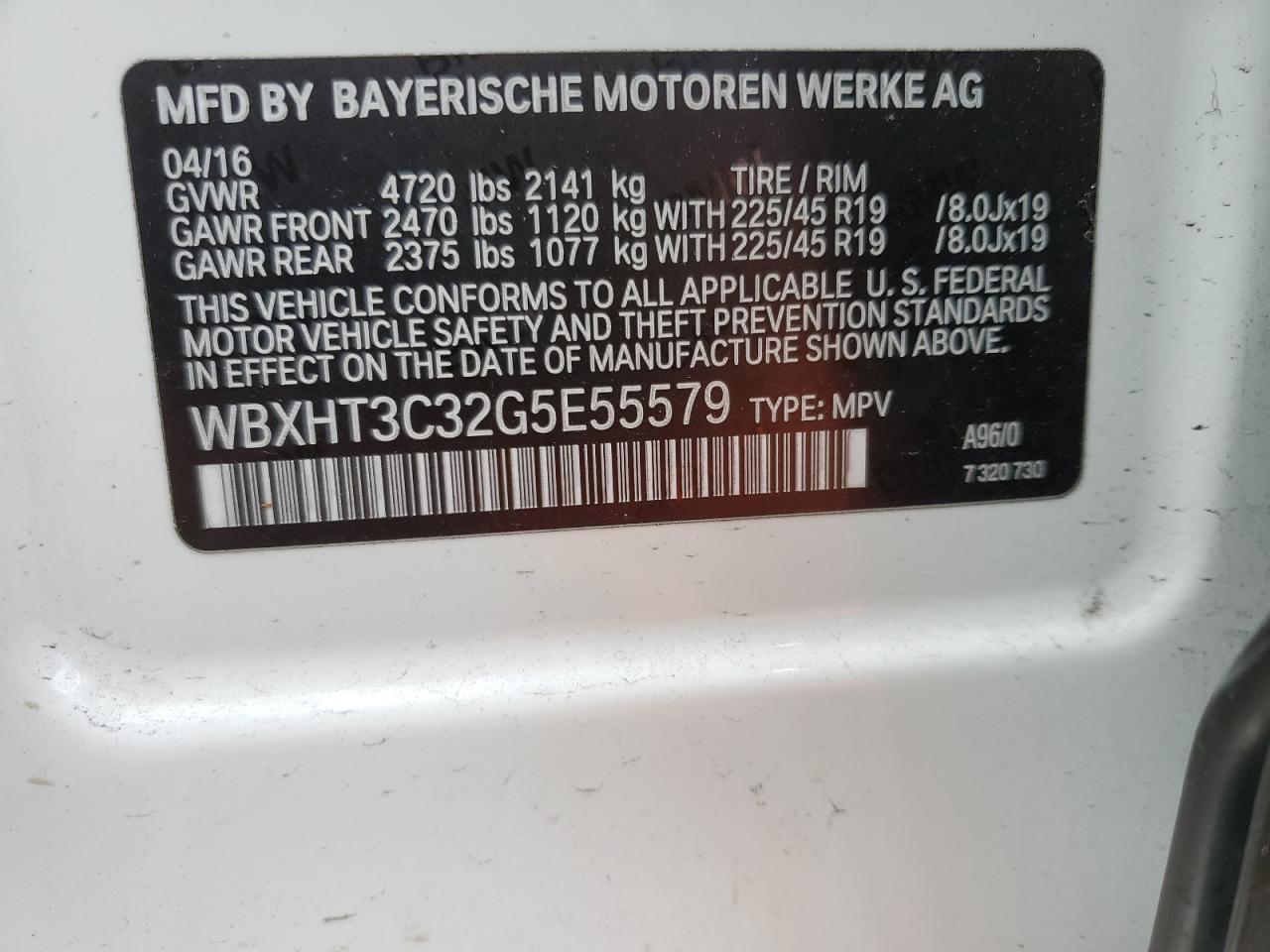 2016 BMW X1 VIN WBXHT3C32G5E55579 Copart auction photo, front end / side damage thumbnail 14