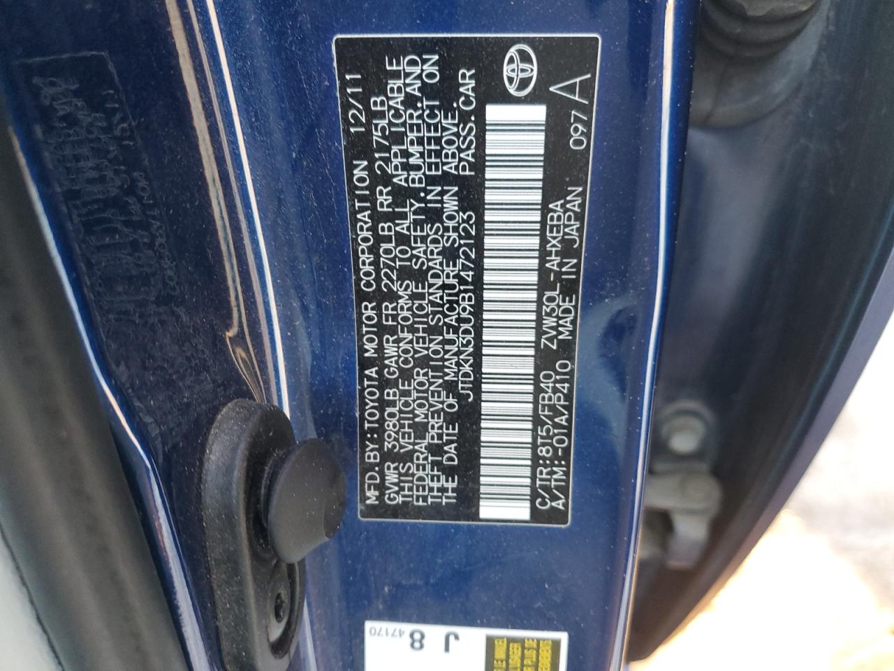 2011 Toyota Prius VIN JTDKN3DU9B1472123 Copart auction photo, side / undercarriage damage thumbnail 12
